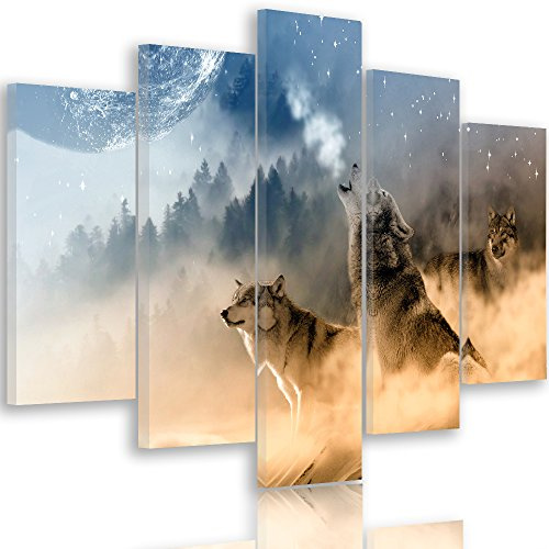 Feeby Quadro su Tela multipannello Lupo Tipo A 150x100 cm 5 pannelli Stampa Murale Fotografia Decorazione da parete Immagini Moderni per Soggiorno Camera da Letto Ufficio Cucina Natura Marrone Blu