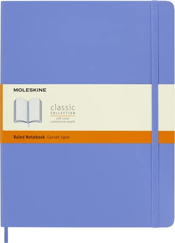Moleskine Classic Notebook, Cuaderno Rayado, Tapa Blanda y Cierre Elástico, Tamaño XL 19 x 25 cm, Color Azul Hortensia, 192 páginas