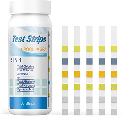 6 in 1 Test Strisce Piscina, Homtiky Pool di Tester PH, pH Cartina Tornasole, 50 Strisce Reattive per Piscina, Acqua Potabile pH/Cloro/Alcalinità e Durezza dell'Acqua per SPA,Terme