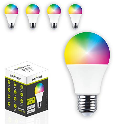 INNOVATE 4 x Smart WLAN LED E27 RGB 5in1 TUYA WIFI Glühbirne 10W ersetzt 50W Glühlampe Dimmbare Intelligente Home Lampen [4er-Pack], steuerbar via TUYA App, Alexa – Google Assistant geeignet