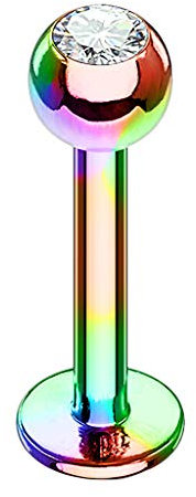 Taffstyle Piercing Stab Stecker Lippenpiercing Ohrpiercing Labret Lippe Ohr Platte Innengewinde Rainbow mit Kugel Glitzer Kristall Klein 1,2mm x 6mm x 3mm