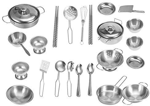Kitchen Play Toys, Simulation Kitchen Mini Cooking Utensils Stainless Steel Children Play House Toys Children's Pan Toys Set(25PCS)
