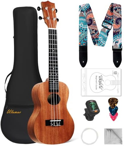 Concert Ukulele, Solid Mahogany 23inch Ukelele for Adults Kids Beginner with Gig Bag, Digital Tuner, Replacing Strings, 3 Guitar Picks, Strap, Cloth
