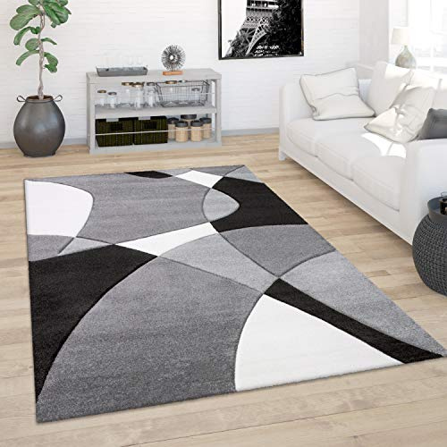 Paco Home Teppich Wohnzimmer Kurzflor Schlafzimmer Modern 3D Optik Geometrisches Muster Konturenschnitt, Grösse:120x170 cm, Farbe:Schwarz Weiß