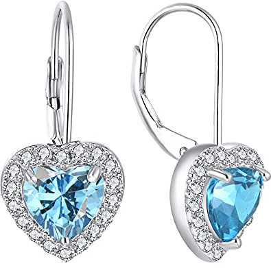 JO WISDOM Damen Ohrhänger Herz silber 925,Ohrringe Hängende mit 5A Zirkonia März Geburtsstein Aquamarin Farbe,Schmuck für Frauen Mädchen Mutter,Schmuck für Frauen