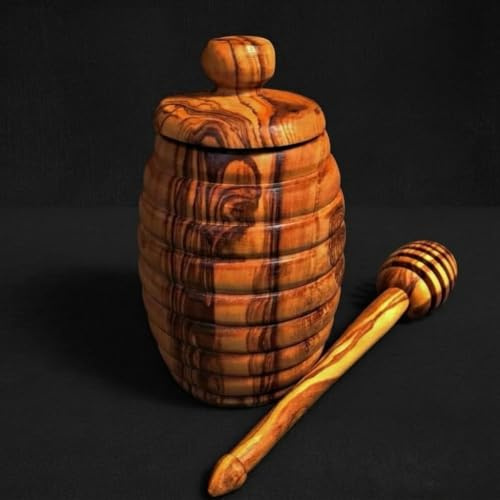 What the Art!® Olive Wood «Maja» | Olivenholz Honigtopf + Honiglöffel | Handarbeit | Ø 6-7 cm x ↑ 10 cm | mit Deckel - Honigbehälter - Honigfass - Honigheber
