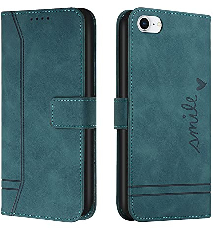 Trugox Handyhülle für Apple iPhone SE 2022 5G/iPhone SE 2020/iPhone 8/iPhone 7 Hülle Klappbar Klapphülle mit Kartenfach Handytasche Schutzhülle Tasche Leder Wallet Flip Case Cover - Blau Grün