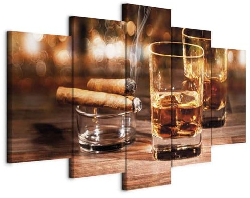 B&D XXL - Akustikbild Zigarre und Whisky 5 tlg - Bilder Akustikschaum Schallschutz Wand Deko Kunst Akustikpaneele Wandpaneele Schalldämmung Wandbild Schallabsorber Akustikplatten Bar Drink Holzoptik