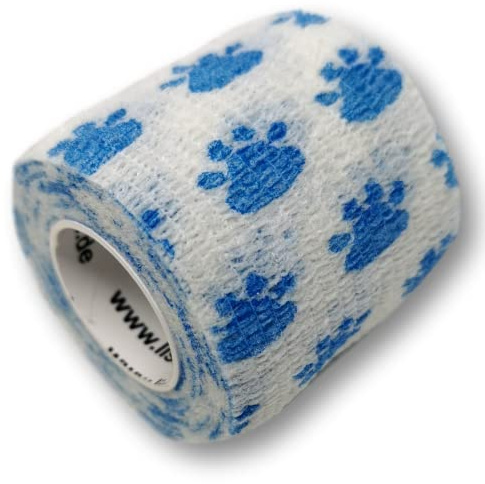 LisaCare Hunde Verbandsmaterial - 4 Rollen 5cm breit - Medizinprodukt | Tatzen- & Pfotenschutz für Haustiere - kohäsiv, atmungsaktiv, elastisch - Riesige Farb- & Motivauswahl (Tatze Blau - Weiß)