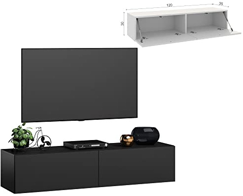 4housedesign® TV Board Lowboard Hängend | Fernsehschrank tv Sideboard Wohnzimmer | Lowboard Wohnzimmer fernsehregal tv Board Hängend tv Shrank tv 55 Zoll - TV Lowboard Schwarz Mat 120cm