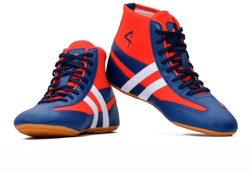 QUIVE Kabaddi - High Top Pro Wrestling Shoes Navy Blue, Red & Black Unisex Wrestling Boots Non-Slip Rubber Sole, Breathable Sweat Resistant, Extremely Lightweight