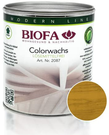 BIOFA Colorwachs lösemittelfrei farbig natürliche Holz-Wachs-Lasur mit Carnaubawachs für Holzdecken, Möbel, Spielzeug Kiefer 0,375L