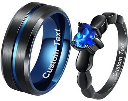 Wycian Ring Herz Stein, Trauringe Titan Bicolor Zirkonia Verlobungsring Saphir Eheringe Blau Schwarz Ringe 2 Stück Partnerringe 6mm/8 Edelstahlringe Schwarz