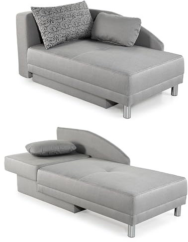 Stilvolle Recamiere mit Schlaffunktion und Bettkasten, B149/T90/H80 cm, Federkernpolsterung, ausziehbar zur Liegefläche von 200 x 84 cm, Stoff Flachgewebe in Hell Grau / 15122