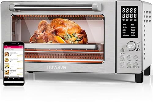Nuwave Bravo Air Fryer Toaster Smart Oven, 10-in-1 Countertop Convection, 1800 Watts, 21-Qt Capacity, 50°-450°F Temp Controls, Top and Bottom Heater Adjustments 0%-100%, PFAS Free, Stainless Steel