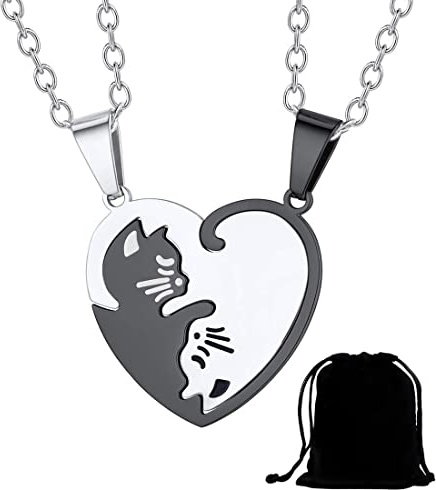 PLABBDPL Collana Amicizia, 2 Pezzi per Coppie Con Ciondolo Gatto e Puzzle in Argento Nero - Miglior Regalo per Fidanzato e Fidanzata