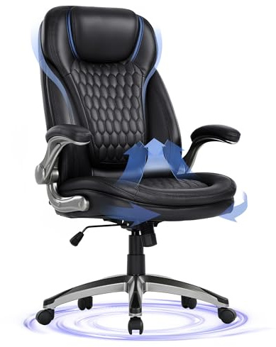 Executive Office Chair-Ergonomic Computer Desk Chair, High Back Leather Chair with Padded Flip-up Arms, Swivel Home Office Chair Upgraded Caster-Black