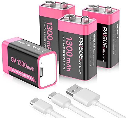 Pilas recargables de 9 V, 1300 mAh, de alta capacidad, iones de litio, 9 voltios, pilas cuadradas con puerto de carga USB-C rápido (paquete de 4)
