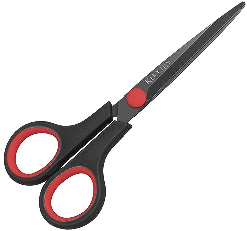 KUONIIY Tijeras revestimiento de titanio ultra afiladas cuchillas de agarre cómodo suave tijeras multiusos, rojo negro, 15,3 cm