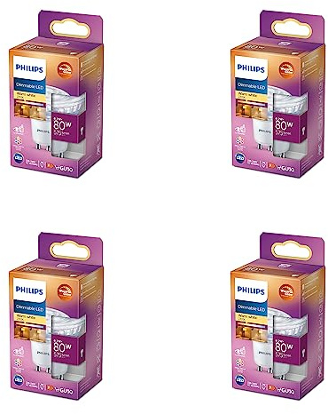 Philips Vorteilspaket - GU10 - WarmGlow - LED Spot - 80W - Dimmbar - Warmweißes Licht - Set 4 Stück