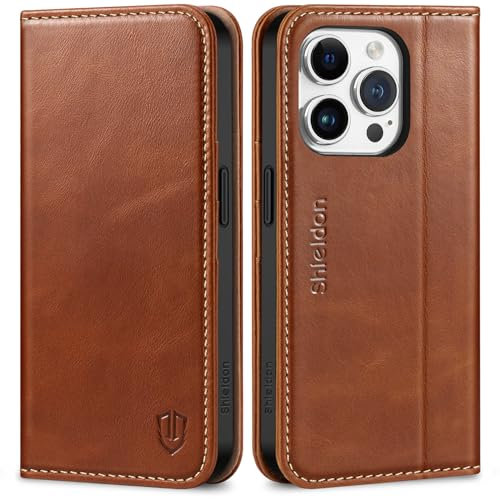 SHIELDON Case for iPhone 15 Pro 5G, Genuine Leather Folio Wallet Magnetic Shock Absorbing Case with [RFID Blocking][Card Holder][Kickstand] Flip Cover Compatible with iPhone 15 Pro 6.1 - Retro Brown