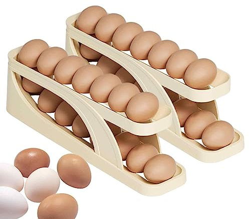 Yajimsa 2PCS Porta Uova da Frigo, Rotazione Automatica Portauova Frigorifero in Plastica, Uova Contenitori Frigorifero Salvaspazio, Bianco 2 Livelli per Cucina Casa 15 Uova