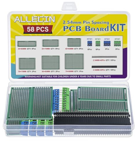 ALLECIN PCB Carte de Circuit Imprimé Kit 20Pcs Pcb Board Double Prototype Face 20Pcs Connecteur Mâle et Femelle à 40 Broches 2,54MM 18Pcs 2 3 Broches Bornier à Visser pour Soudage DIY (58Pièces)