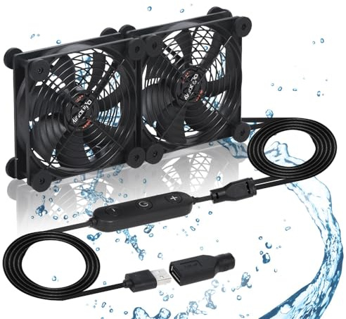 xiaoqijia Quiet Dual 120mm Fan with 10 Speed USB 5V Fan DC 12V Fan Gaming PC Fan Portable Cooling Fan for Tablet TV Receiver Router DVR Xbox Computer Cabinet Component Cooling | Dual 120mm fan, 10-speed, USB 5V/DC 12V. IPX5 waterproof, 16dB quiet. Double ball bearing. Cools router, Xbox, cabinet.