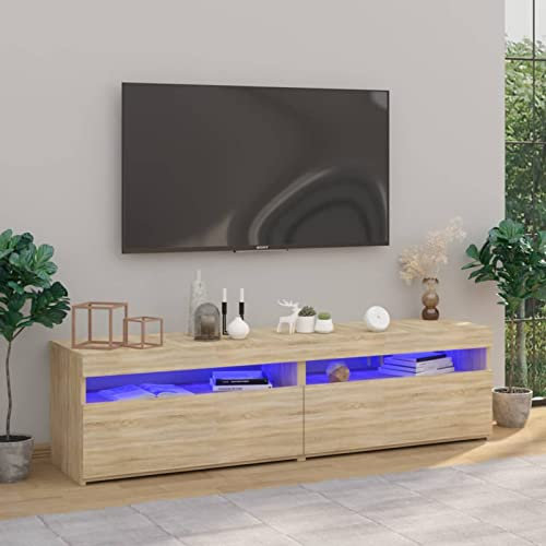 BAZZI Armoire TV LED 120 cm - Meuble TV bas 120 cm - 120 cm - Meuble TV - Meuble TV - Buffet pour salon - Chêne - 75 x 35 x 40 cm