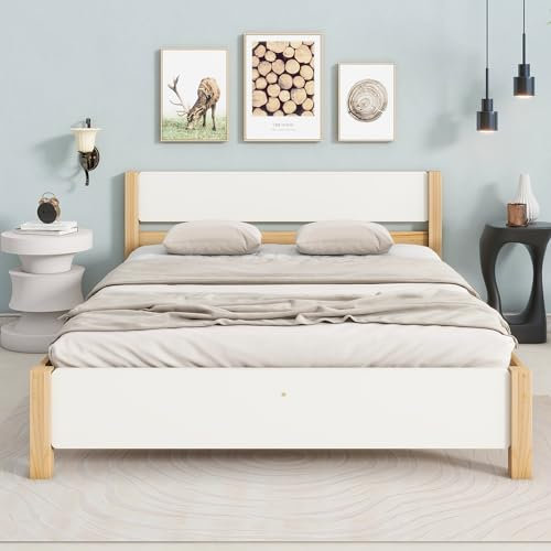 Holzbett, Kiefernholzrahmen mit Mittelfuß, Jugendbett, Erwachsenenbett, mit Kopf- und Fußteil aus MDF, Weiß + Natur (140x200 cm)(Ohne Matratze)