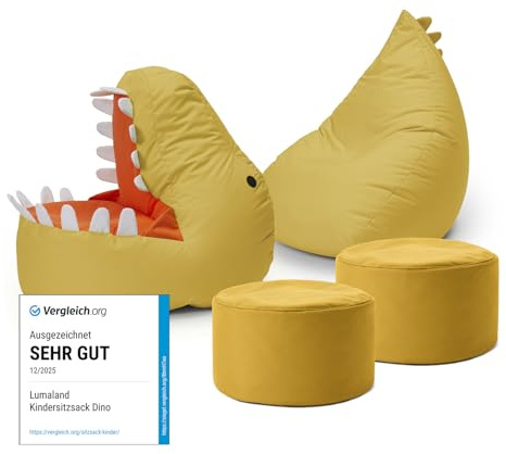 Lumaland Kindersitzsack-Set Dino, 4-TLG. | Sitzsack für Outdoor & Indoor| Sessel BZW. Kindersofa mit Füllung, ideal fürs Kinderzimmer | 1 x Dino, 1 x Monster & 2 x Pouf