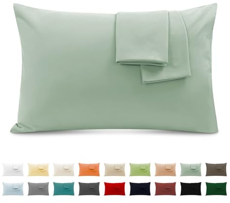 Funda Almohada 100% Algodón 40x70 cm 2 PCS, Juego de 2 Funda Almohada de Suave Puro Algodón, Sin Cremallera Cepillada con Cierre de sobre TórtolaAgua Verde