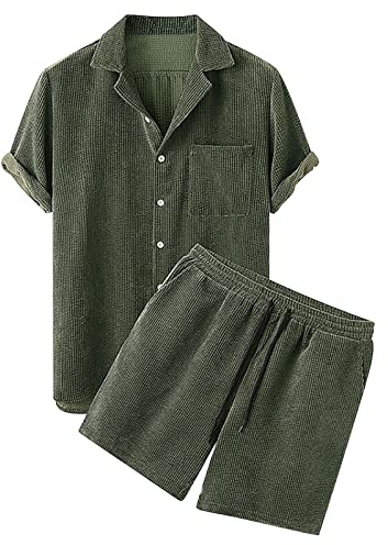 Darringls Zweiteiler Herren Corduroy Strandanzug Cord Freizeitanzug 2-Teilig Sommeranzug Cordhose Kurz und Button-Up Kurzarmhemd Sets Einfarbig Jogginganzug Bequem Atmungsaktiv Hausanzug