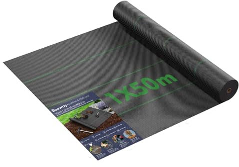 BEEWAY Weed Control Membrane 1m x 50m/Roll, Heavy Duty Weed Control Fabric 90gsm, UV Stabilised Weed Barrier Fabric/Ground Cover for Patios Garden Flower Beds Landscaping Artificial Grass