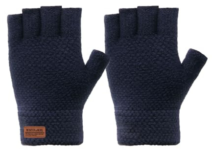 Long Keeper Gants Sans Doigts Hiver Homme Femme Gants Chaud d'Hiver Demi Doigt Élastique Anti Froid Gants Tricotés Doublure en Laine Mitaines, Taille Unique (Bleu Marine)