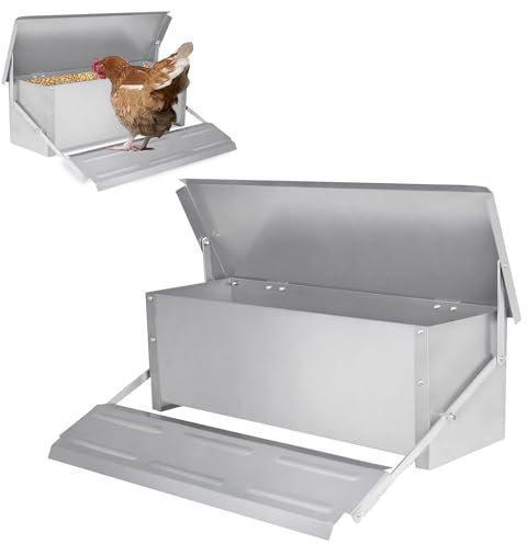 VANCHEMO Futterautomat Hühner 10 KG Automatischer Hühnerfutterautomat aus Verzinktem Stahl mit Pedal, Wasserdichtem Deckel und Rattensicherem Design, Futterspender für Geflügel & Kleintiere