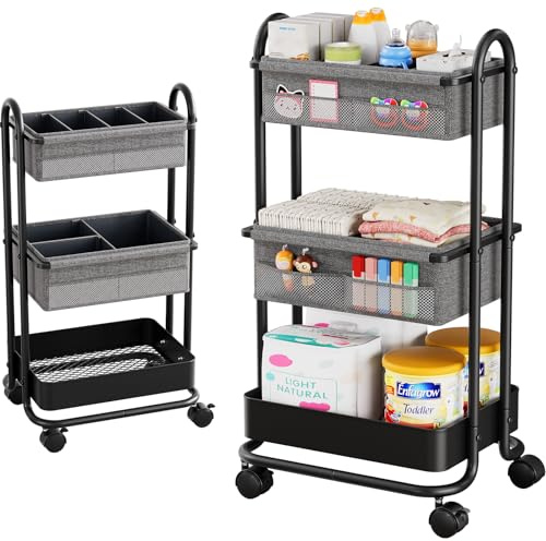 Modanais 3 Etagen Beweglicher Windeltasche Organizer, Baby Windel Caddy Organizer, Wickeltisch Rollwagen mit Trennwänden, Neugeborene Wickelorganizer Rollwagen, Eisenstruktur, Einfach zu Montier