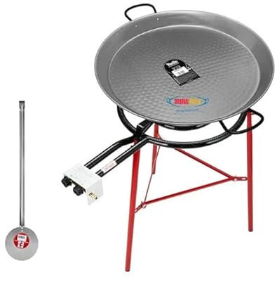 Callow Retail Paella Cooking Set with Polished Steel Paella Pan, Gas Burner, Legs and Skimming Spoon - Paellera Set for use at Home or Garden Outdoor Cooking (60cm Pan with 40cm 2 Ring Burner)