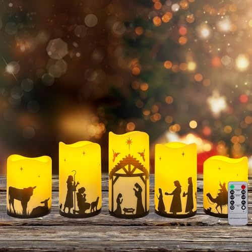 Led Kerzen Adventskranz Flammenlose Weihnachtskrippe Kerzen,Batteriebetriebene Advent LED Säule Religion Kerzen,Weihnachtskerzen Krippe Weihnachtsdeko Adventskerzen mit Fernbedienung (Warm)