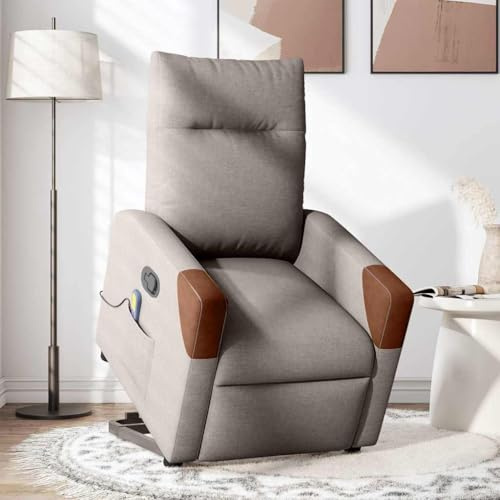 IKAYAA Sillón de Masaje con Elevador Levanta Personas Mayores, Sillon Relax Reclinable Electrico, Butaca Relax Sillon en Tela, Sofá 1 Plaza, Gris Taupe y marrón