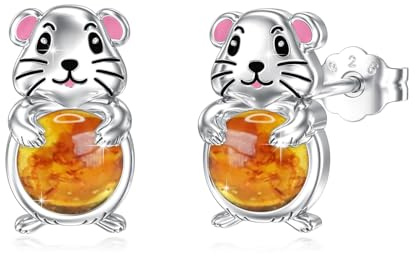 ABIGY Hamster örhängen 925 sterlingsilver hamster örhängen söta djur örhängen bärnsten stiftörhängen för kvinnor, En Storlek, Sterlingsilver, Bärnsten