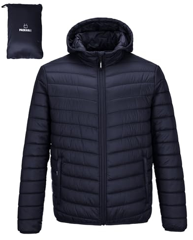 Outdoor Ventures herr quiltad jacka vattentät vinterjacka buffertjacka | Förvaringsbar, lätt övergångsjacka med huva, fodrad utomhusjacka för vandring, resor, fritid