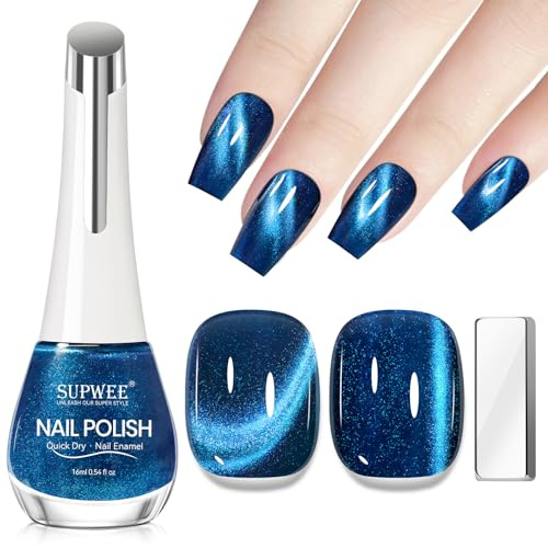 SUPWEE Blue Cat Eye Nail Polish with Magnet, Magnetic Nail Polish | Non Gel Quick Dry No UV Lamp Needed, Air Dry Fast Lacquer Manicure Gift for Women Girls 16ml