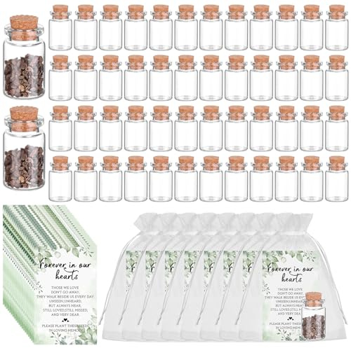 50 Sets Funeral Favours for Guests Memorial Cards Glass Bottles with Cork | Funeral Keepsakes for Loss of Loved One Celebration of Life Decorations Memorial Service, No Seed