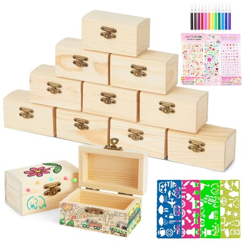 Forbabe 10 Stück Mini Schatztruhe, DIY Kleine Holz Schatzkiste mit Deckel | 9 x 5.5 x 5 cm Holzkiste mit Diamantaufkleber und Malvorlagen für Kindergeburtstag/ Handwerkliche Aktivitäten