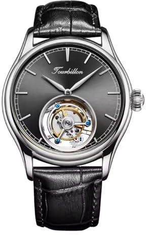 JDLERMY Men Real Flying Tourbillon Movement Skeleton Dial Mechanical Manual Winding Watch Sapphire Crystal Vintage Double-Sided Hollow Waterproof Clock Man Luminous Leather Wristwatch (Silver Black)