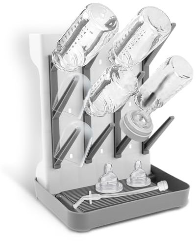 Baby Bottle Drying Rack Vertical Standing Bottle Dryer Rack Holder with Bottom Drip Tray Standing Dring Rack for Baby Bottles Bottle Dryer Stand Baby Bottle Storage Organizer for Countertop (grey)