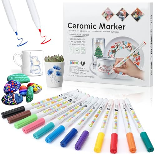 Hcunbsu Porzellanstifte Spülmaschinenfest, 12 Farben Keramikstifte 1.0mm, Porzellanfarbe Wasserfester, Keramik Bemalen Set, Geeignet für Zeichnungsmuster und Designkreationen auf Porzellan
