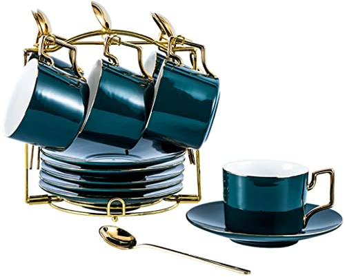 VGVSBG Juego de té Juego de Taza de café Juego de Taza de té Juego de Taza de té Tazas de té y platillos con Soporte de Metal Juego de té y café de cerámica Simple con