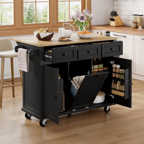 Biqzuya Desserte îlot de Cuisine sur roulettes, Meuble de Cuisine avec Plans de Travail Rabattable et Compartiment Poubelle, Porte-torchons, 3 Tiroirs, 2 Portes avec Rangement, Noir